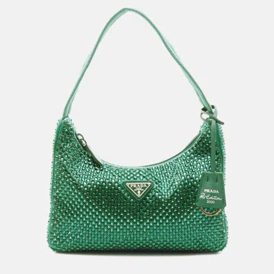 Pre-owned Prada Green Mini Satin Crystal Re Edition 2000 Shoulder Bag