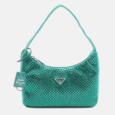 Pre-owned Prada Green Mini Satin Crystal Re Edition 2000 Shoulder Bag