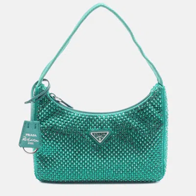Pre-owned Prada Green Mini Satin Crystal Re Edition 2000 Shoulder Bag
