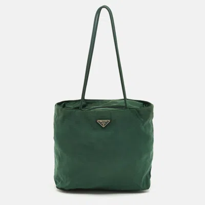 Pre-owned Prada Green Nylon Logo Triangle Zip Tote