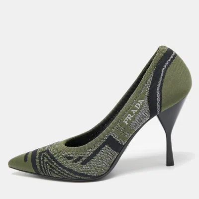 Pre-owned Prada Green Printed Knit Fabric Pointed Toe Pumps Size 40.5