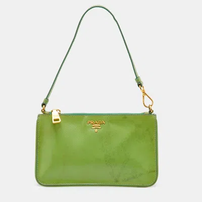 Pre-owned Prada Green Saffiano Lux Leather Pochette Clutch