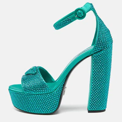 Pre-owned Prada Green Satin Crystal Embellished Platform Ankle Strap Sandals Size 37