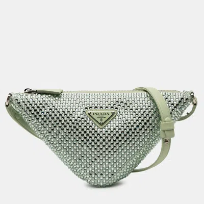 Pre-owned Prada Green Satin Crystal Embellished Triangle Pouch