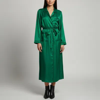 Pre-owned Prada Green Silk Satin Belted Pajama Maxi Shirt Dress M