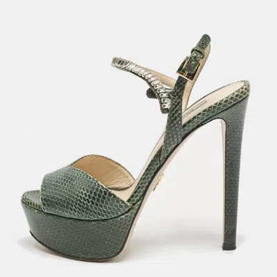 Pre-owned Prada Green Snakeskin Crystals Embellished Ankle Strap Sandals Size 36