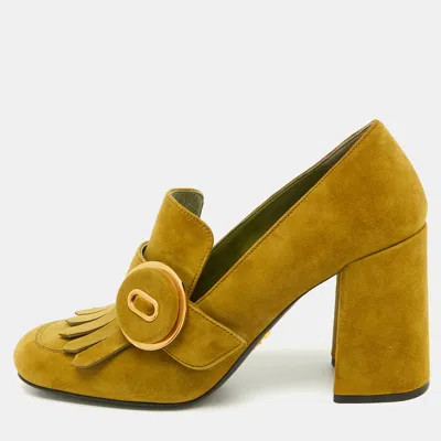 Pre-owned Prada Green Suede Fringe Block Heel Pumps Size 37