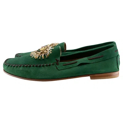 Pre-owned Prada , Green, Suede, Loafers With Beaded Embellishments And Leather Soles In Black