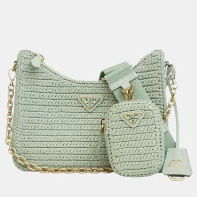 Pre-owned Prada Green Yarn Effect Raffia Crochet Re Edition 2005 Satchel