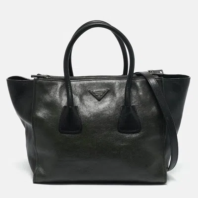 Pre-owned Prada Green/black Leather Medium Twin Pocket Double Handle Tote