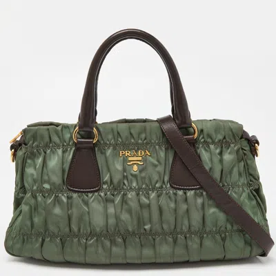 Pre-owned Prada Green/brown Gaufre Nylon And Leather Tote