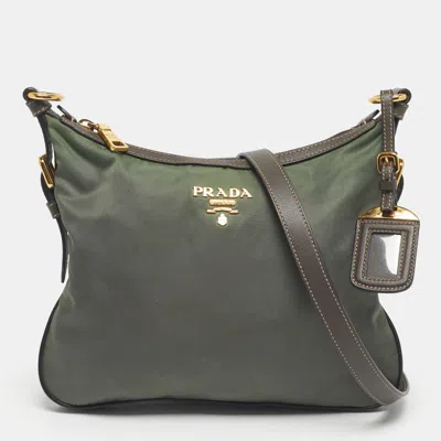 Pre-owned Prada Green/brown Leather And Nylon Logo Crossbody Bag