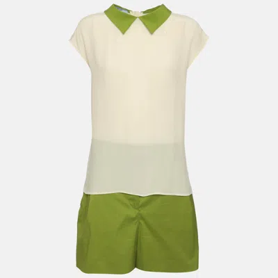 Pre-owned Prada Green/light Beige Satin And Crepe Shorts And Tops Set M