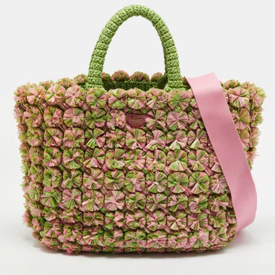 Pre-owned Prada Green/pink Floral Raffia Tote