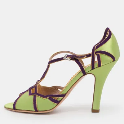 Pre-owned Prada Green/purple Satin And Suede Ankle Strap Sandals Size 38.5
