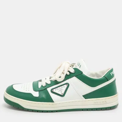 Pre-owned Prada Green/white Leather Downtown Low Top Sneakers Size 38.5