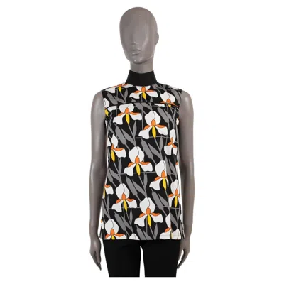 Pre-owned Prada Grey & Black Cotton 2020 Floral Sleeveless Blouse Shirt 38 Xs In Gray