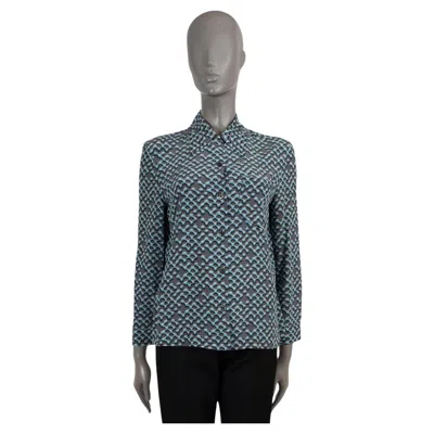Pre-owned Prada Grey & Blue Silk 2015 Printed Blouse Shirt M In Gray