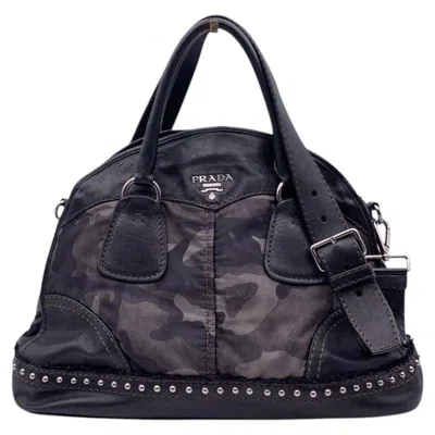 Pre-owned Prada Grey Black Camouflage Nylon 2 Way Studded Handbag In Gray