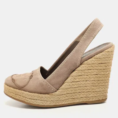 Pre-owned Prada Grey Canvas Logo Wedge Espadrille Slingback Sandals Size 36