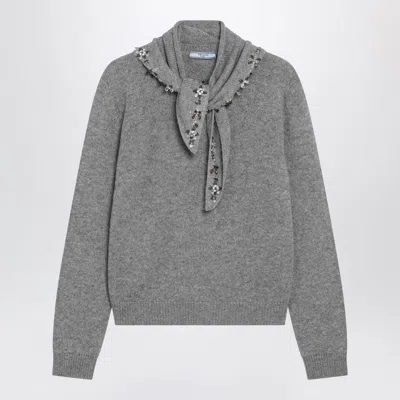 Prada Grey Cashmere Sweater With Jeweled Scarf In Animal Print