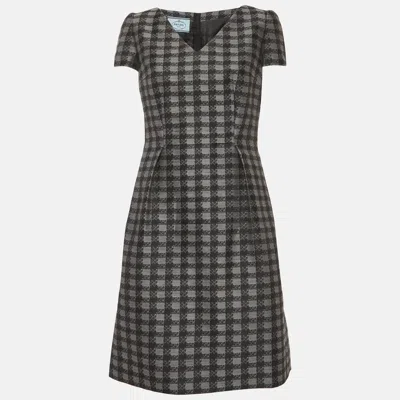 Pre-owned Prada Grey Checked Wool Blend Short Dress M In Gray