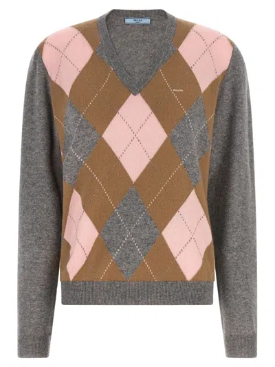 PRADA GREY CHECKS V NECK SWEATER