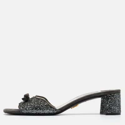 Pre-owned Prada Grey Coarse Glitter And Suede Bow Slide Sandals Size 39.5