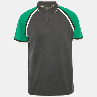 Pre-owned Prada Grey Cotton Raglan Sleeve Polo T-shirt L In Gray