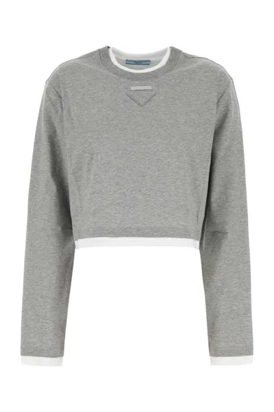 Prada Grey Crewneck Logo T-shirt In Gray