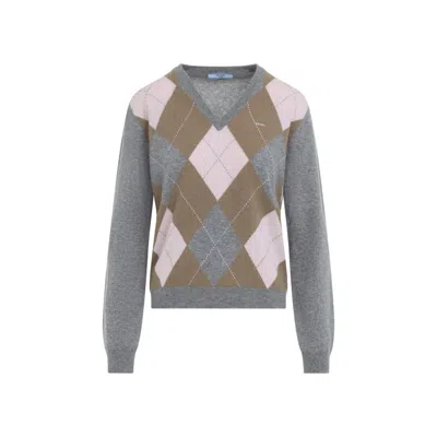 PRADA GREY GEOMETRIC V NECK SWEATER