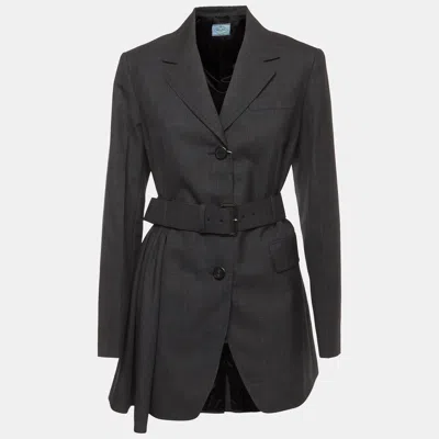 Pre-owned Prada Grey Glen Check Wool Belted Jacket M In Gray