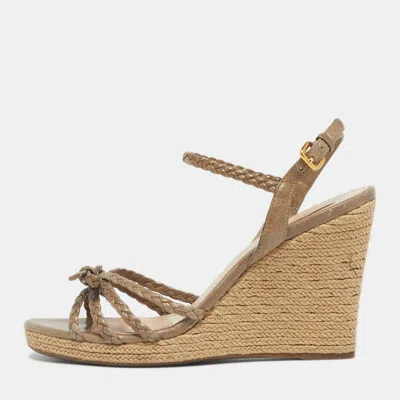 Pre-owned Prada Grey Leather Braided Basket Weave Wedge Sandals Size 40 In Gray