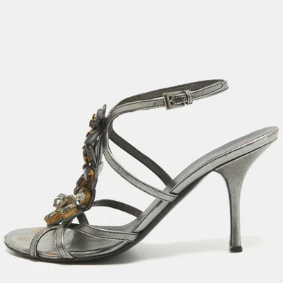 Pre-owned Prada Grey Leather Crystal Embellished Ankle Strap Sandals Size 37.5