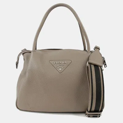 Pre-owned Prada Large Clay Gray Vitello Dino Tote And Shoulder Bag In Grey