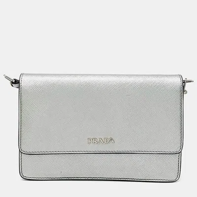 Pre-owned Prada Grey Leather Saffiano Mini Crossbody Bag In Gray