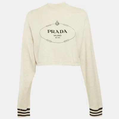 Pre-owned Prada Grey Logo Embroidered Cotton Crop Sweatshirt Xs In Gray
