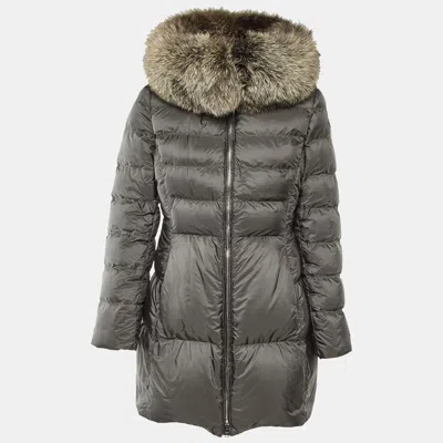 Pre-owned Prada Grey Nylon Fox Fur Trim Detail Quilted Down Jacket M In Gray