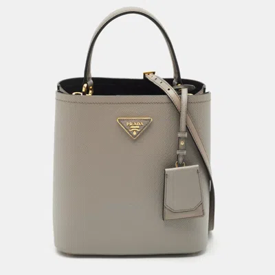 Pre-owned Prada Grey Saffiano Cuir Leather Medium Panier Top Handle Bag In Gray