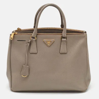 Pre-owned Prada Grey Saffiano Lux Leather Large Double Zip Tote In Gray