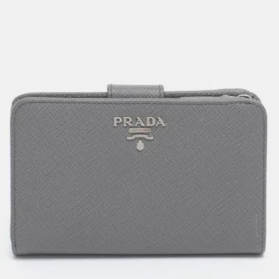 Pre-owned Prada Grey Saffiano Metal Leather Flap French Wallet In Gray