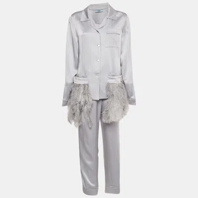 Pre-owned Prada Grey Satin Ostrich Feather Trim Pajama Shirt & Pants Set L In Gray