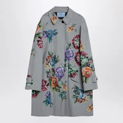 Prada Grey Single-breasted Coat In Printed Cotton In Multi