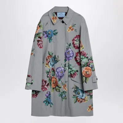 Prada Grey Single-breasted Coat In Printed In Metallic