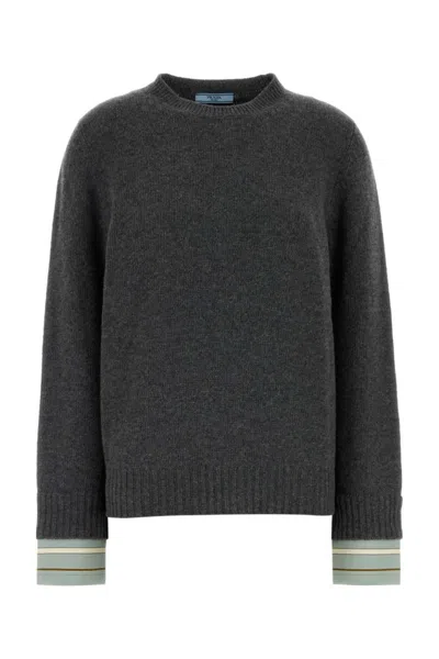 Prada Grey Solid Crew Neck Sweater In Gray