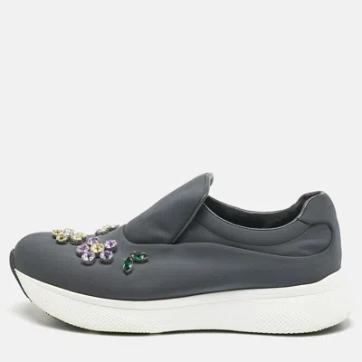 Pre-owned Prada Grey Stretch Fabric Crystal Embellished Slip On Sneakers Size 37.5