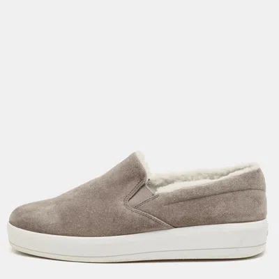 Pre-owned Prada Grey Suede And Shearling Slip On Sneakers Size 38
