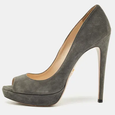 Pre-owned Prada Grey Suede Peep Toe Pumps Size 38