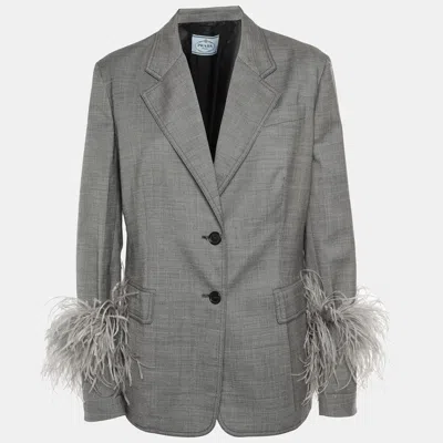 Pre-owned Prada Grey Wool & Silk Feather Trim Blazer M In Gray