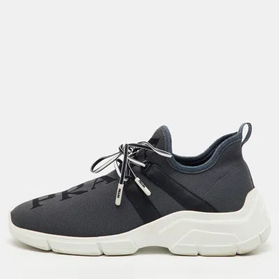 Pre-owned Prada Grey/black Knit Fabric And Leather Logo Print Low Top Sneakers Size 36